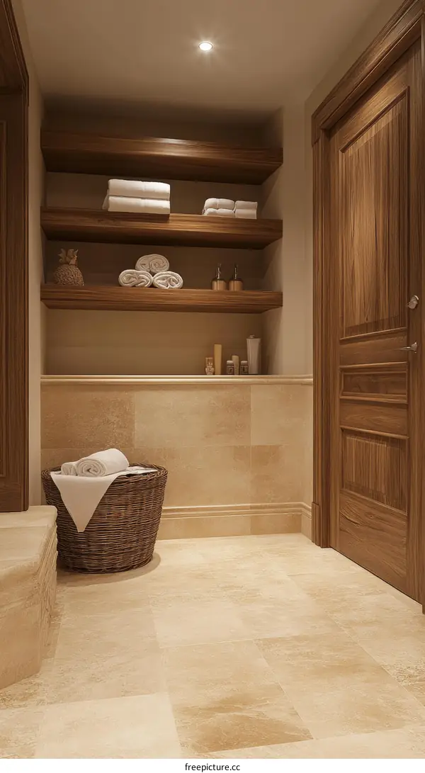 Spa Bathroom Interior Design with Wooden Shelving