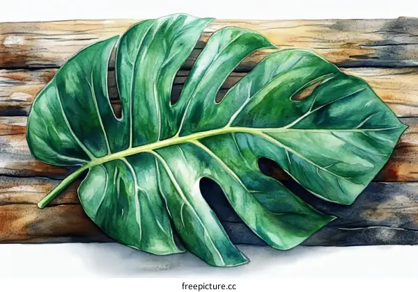 Watercolor Illustration of a Monstera Leaf on Wood