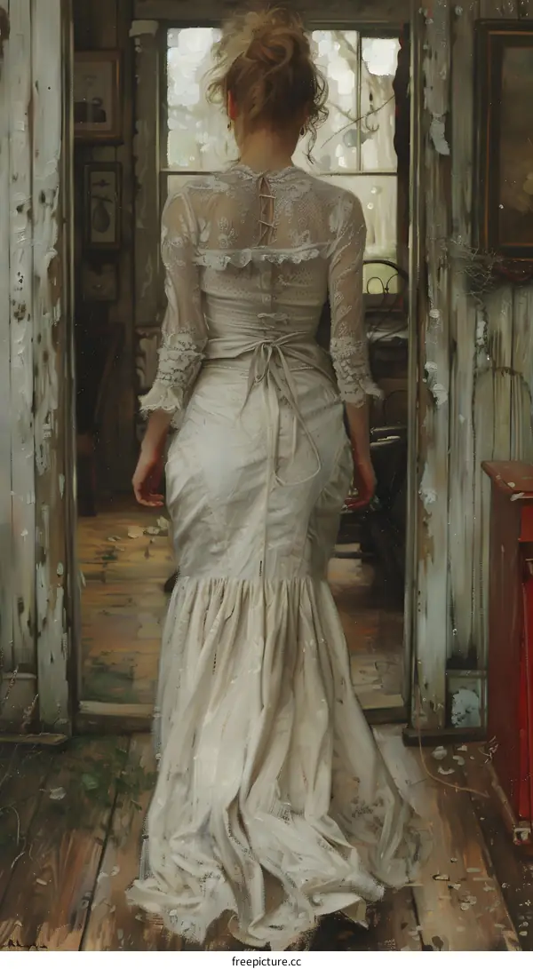 Woman in a White Dress Walking Through a Derelict Doorway