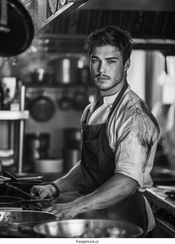 Black and white portrait of a male chef in a kitchen