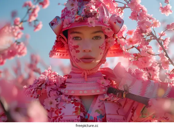 A Young Woman in Pink Samurai Armor Surrounded by Cherry Blossoms