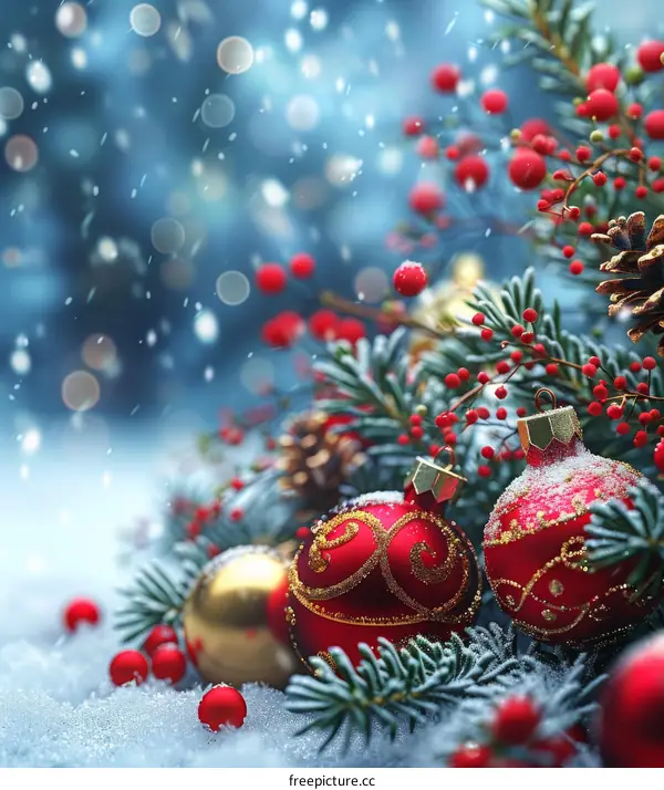 Christmas Ornaments on a Snowy Background