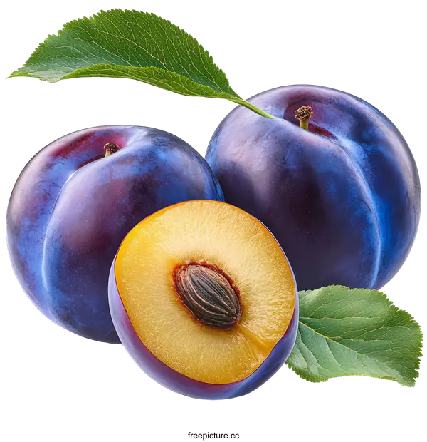[Transparent Background PNG]Close-up of Fresh Plums with Leaves