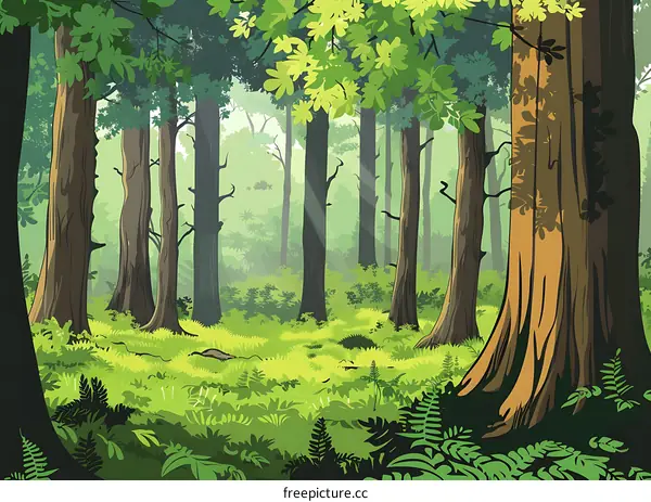 Green Forest Illustration with Tall Trees