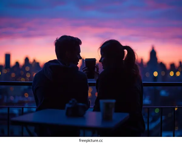 A couple is drinking coffee and watching the sunset in the evening.