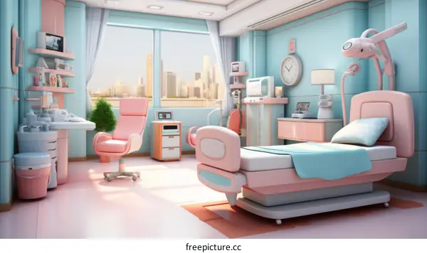 Modern Hospital Room with Large Window and City Skyline