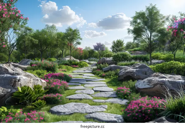 Landscaping with Large Rocks and Blooming Pink Flowers