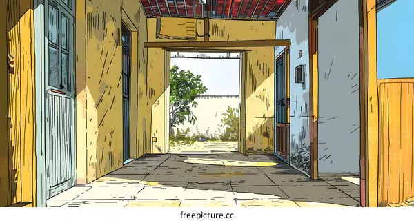 Illustration of a Doorway to a Courtyard