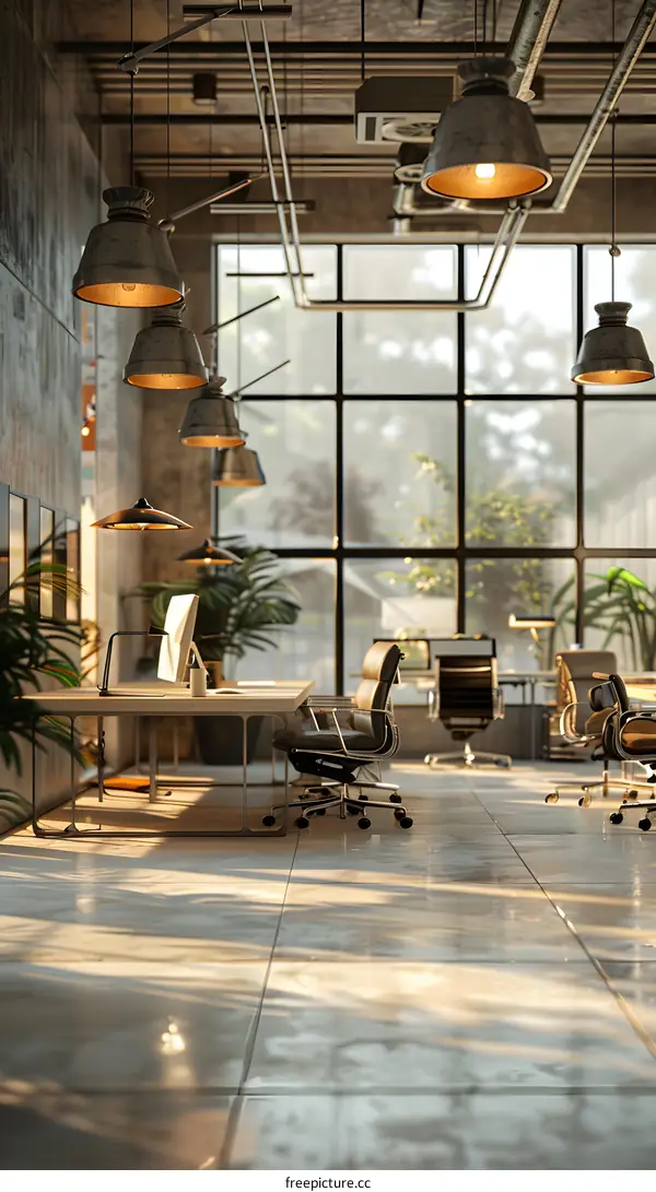 Modern office interior with large windows and concrete walls