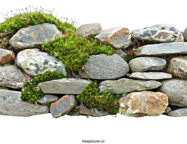 [Transparent Background PNG]Stone Wall With Moss And White Background