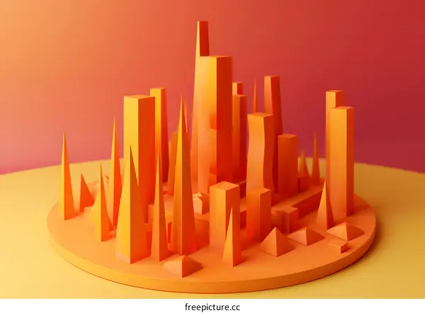 Abstract 3D Cityscape with Orange Buildings and Geometric Shapes