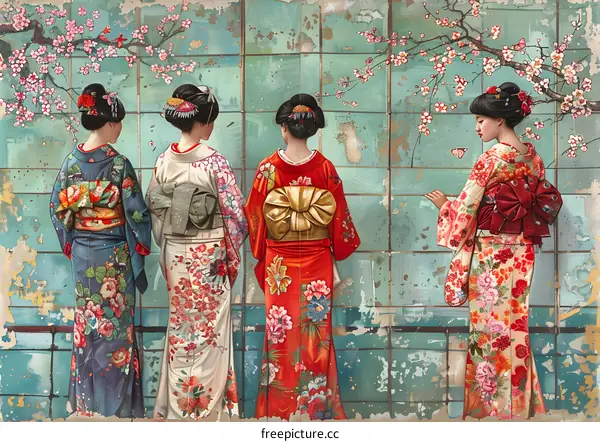 Four Japanese women in traditional kimono with cherry blossoms
