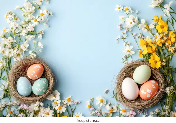 Spring Easter Eggs Nest Decorated with Flowers