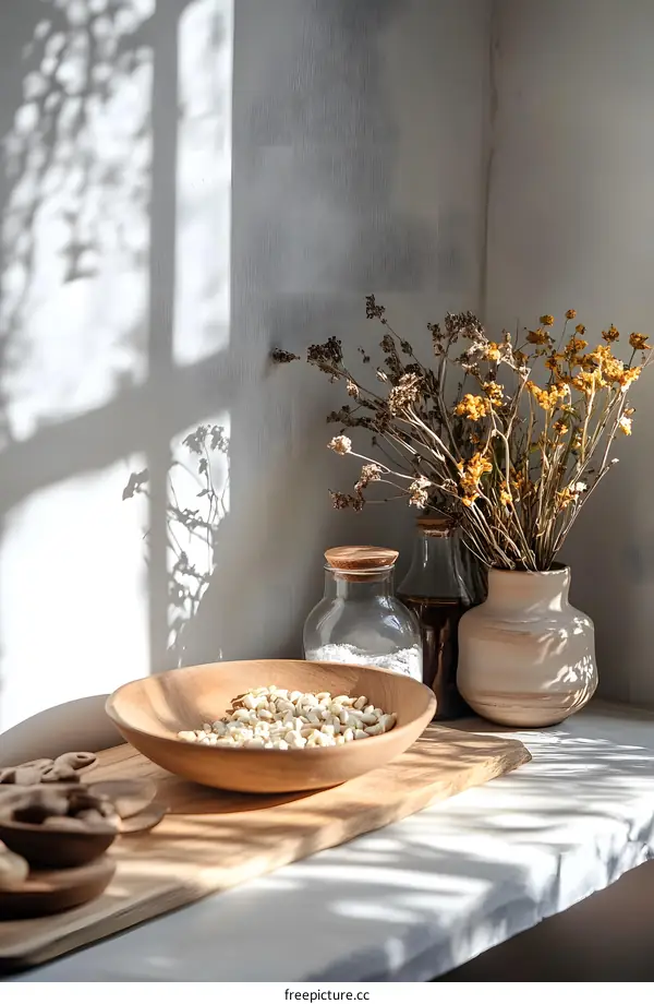 Wooden Bowl with White Beans, Dried Flowers, and Jars on a Countertop in the Sunlight