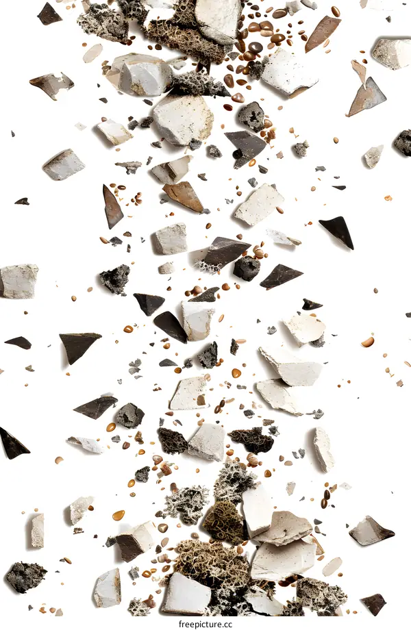 Broken Pieces of Concrete and Stone Falling Down on White Background