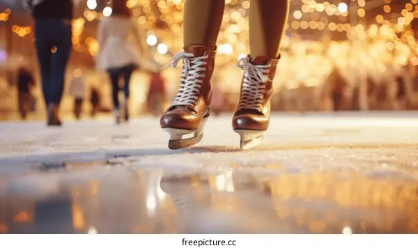 feet in ice skates on an ice rink with blurred background of people skating