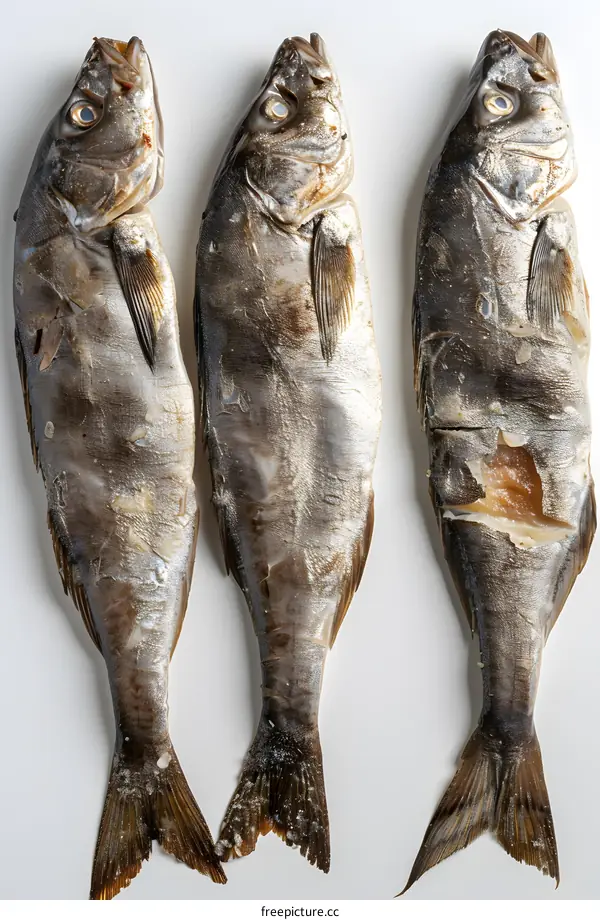 Three dried fish on a white background