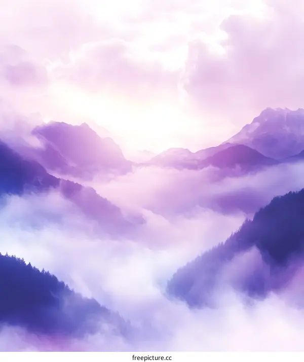 Misty Mountain Landscape with Purple and White Sky