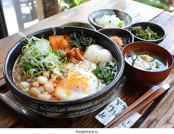 Japanese cuisine soup with egg and green onions