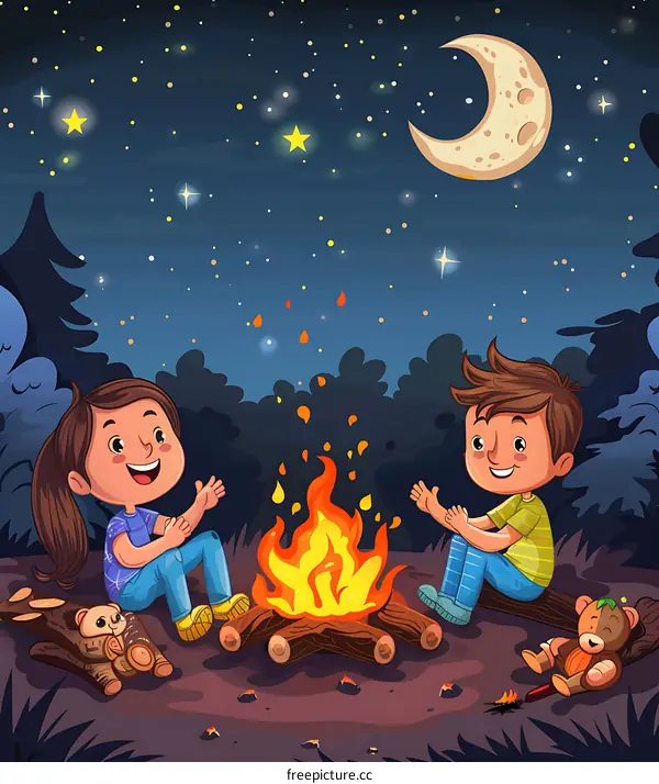 Two Children Sitting By The Campfire Under The Stars