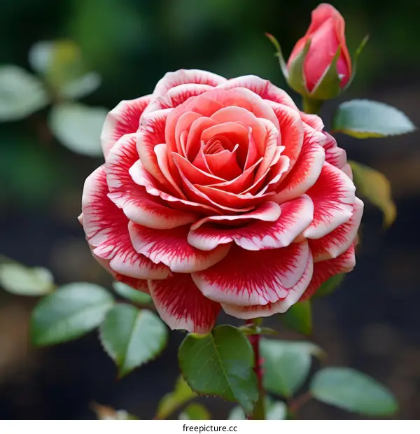 A beautiful red and white rose is in full bloom with a rosebud beside it