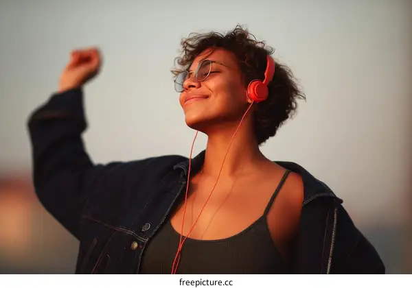 Happy Woman Listening to Music Outdoors