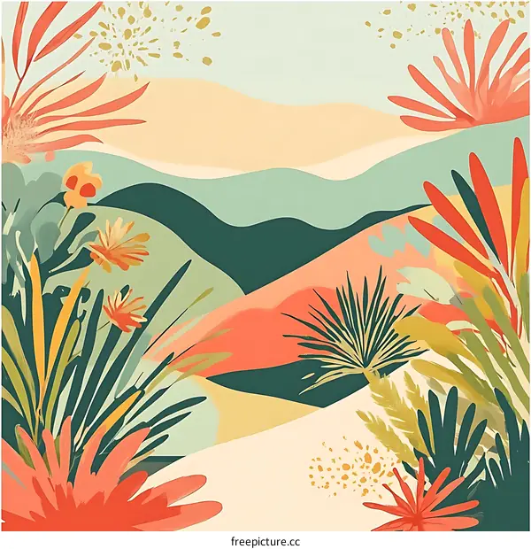 Abstract Landscape with Tropical Plants and Flowers