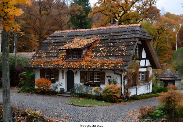 Thatched roof cottage in an autumn forest