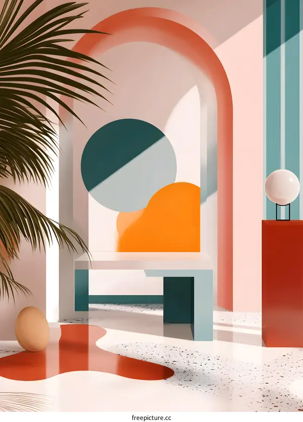 Abstract Minimalist 3D Interior Design with Geometric Shapes and Palm Tree