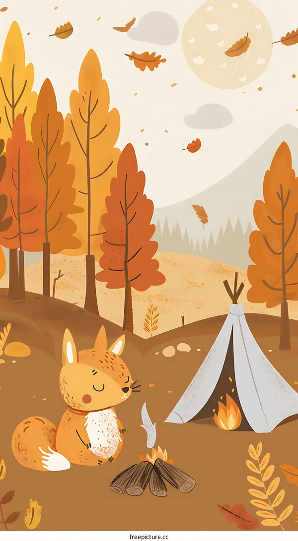 Cute Fox Camping In Autumn Forest Illustration