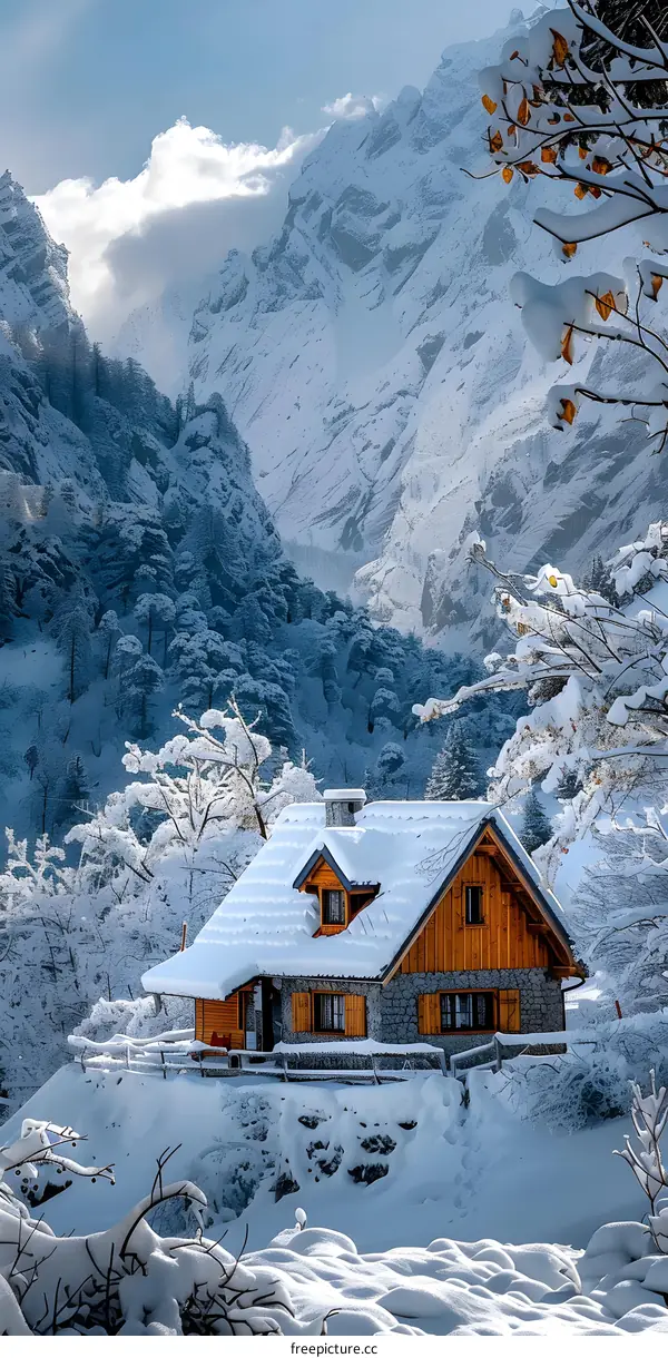 Winter Cabin in Snowy Mountains Landscape