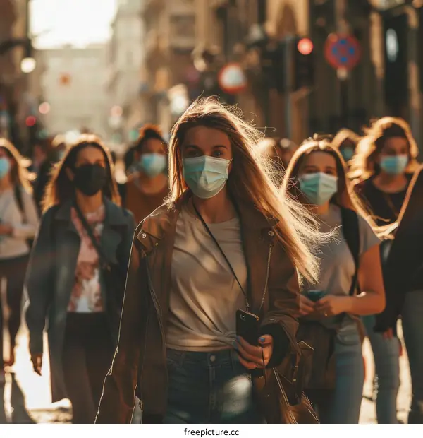 Crowded city street with people wearing medical face masks during COVID-19 pandemic