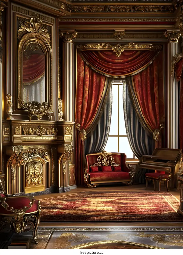 Luxury Living Room with Ornate Fireplace and Red Velvet Curtains
