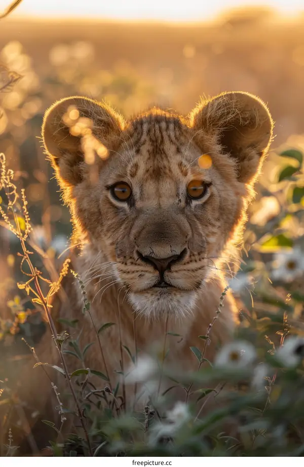 Close-up of a lion cub in the savanna