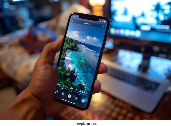 Hand Holding Smartphone with Tropical Beach Photo