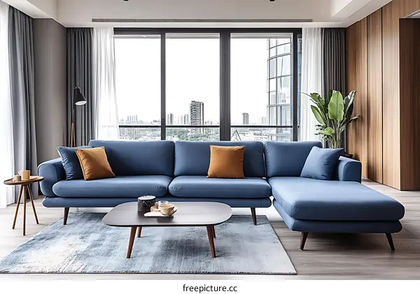Modern Living Room with Blue Sectional Sofa