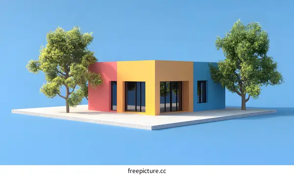 Modern Minimalist House with Trees in Front and Blue Background