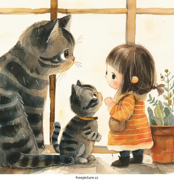 A girl and two cats looking out the window