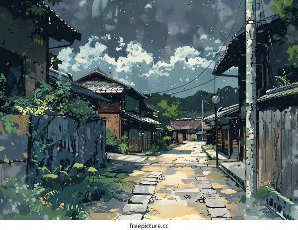 Quiet Japanese Village Street After the Rain