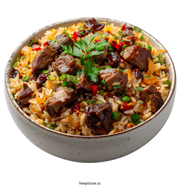 [Transparent Background PNG]Bowl of rice and meat on white background