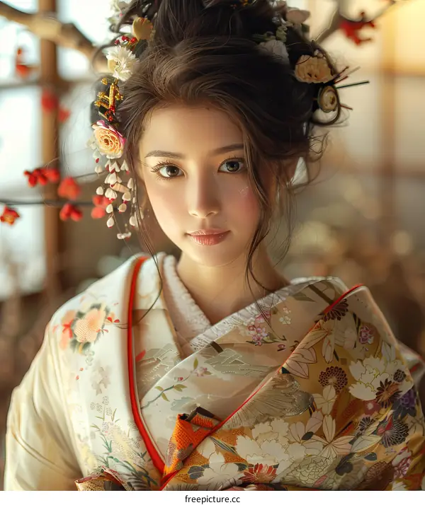 portrait of a beautiful asian woman in traditional japanese kimono