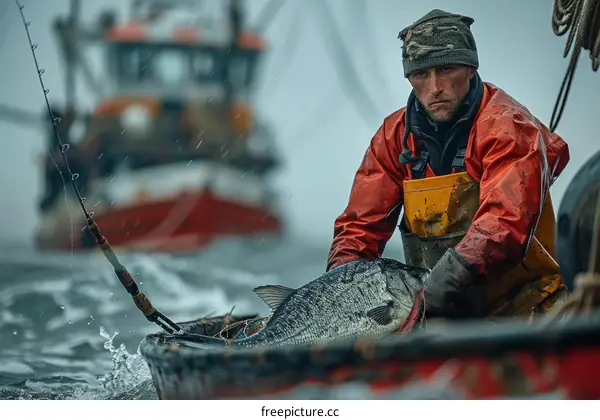 A fisherman holds up a large fish he caught.