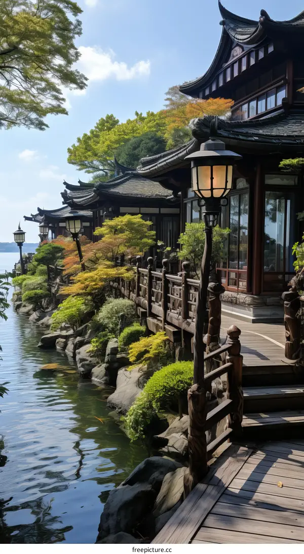 Oriental lake house with wooden terrace and lush garden