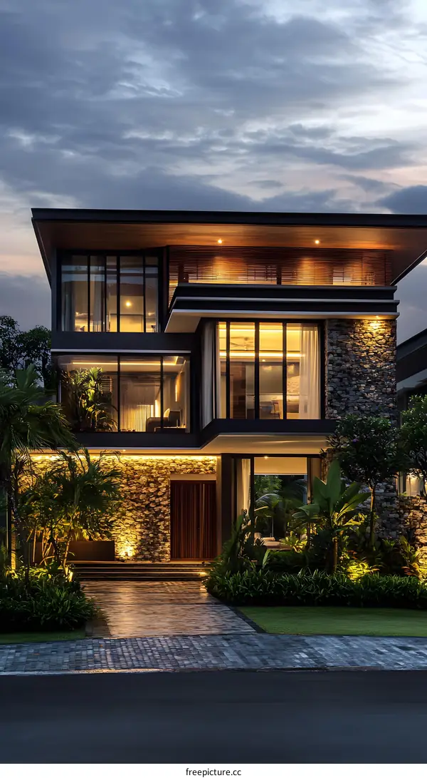 Modern Architecture House Design With Stone Wall And Large Windows