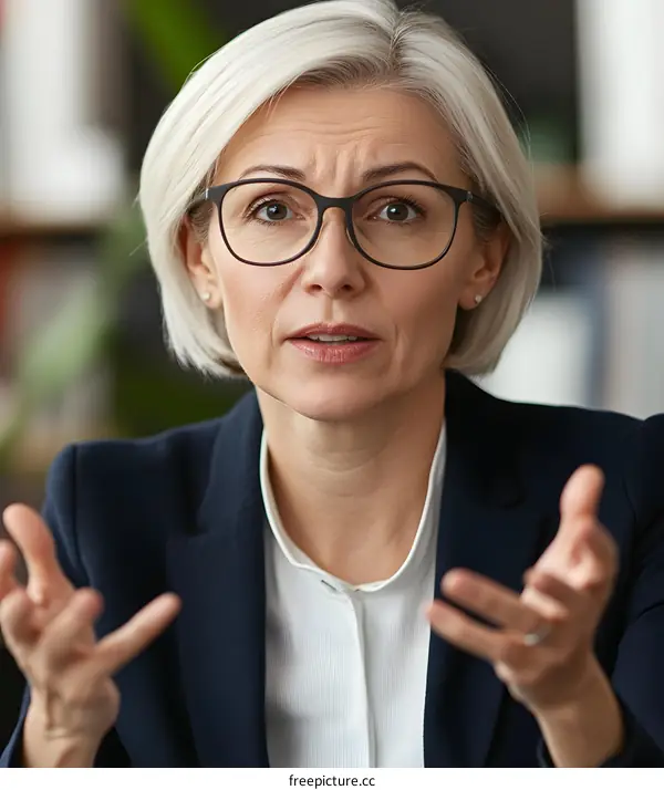 Close Up Portrait of Mature Businesswoman in Glasses Gesturing with Hands