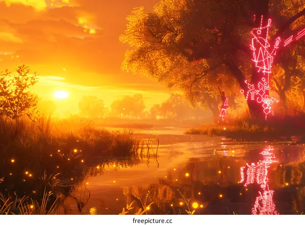 fantasy landscape with glowing symbols in the forest