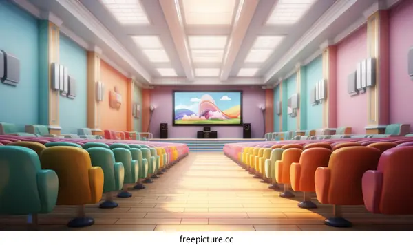 Vibrant Empty Movie Theater with Colorful Seats and Large Screen