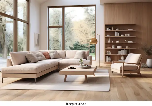 Bright living room with large windows and a comfortable sofa