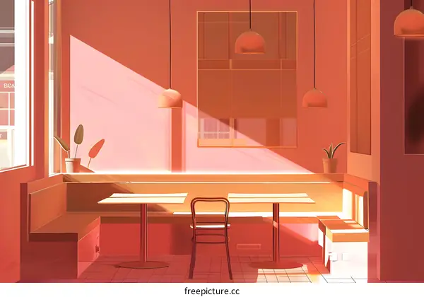 Minimalist Cafe Illustration with Red and Orange Color Palette