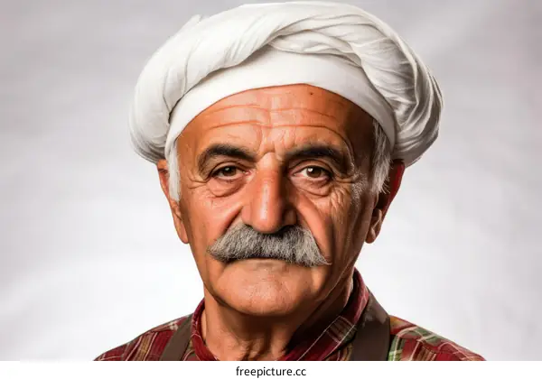 Portrait of a Kurdish man wearing a traditional white turban